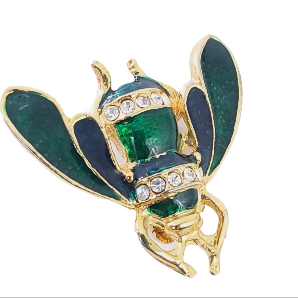 Bee Insect Green Brooch Gold Tones, Clear Rhinestones 1.5"x1.5"